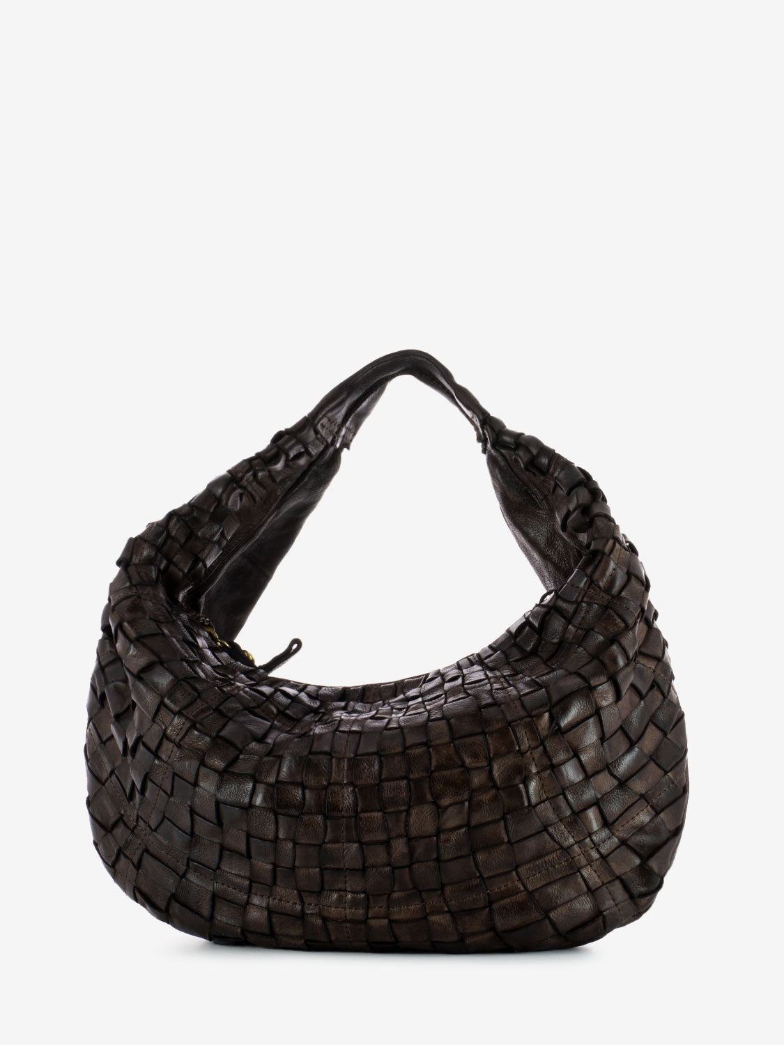 Dark brown woven leather one shoulder bag