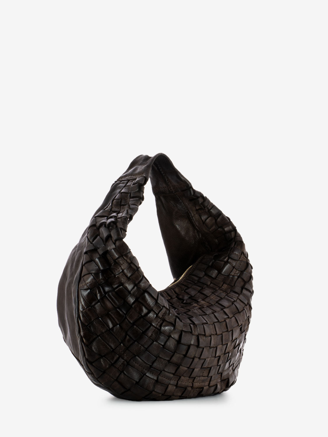 Dark brown woven leather one shoulder bag