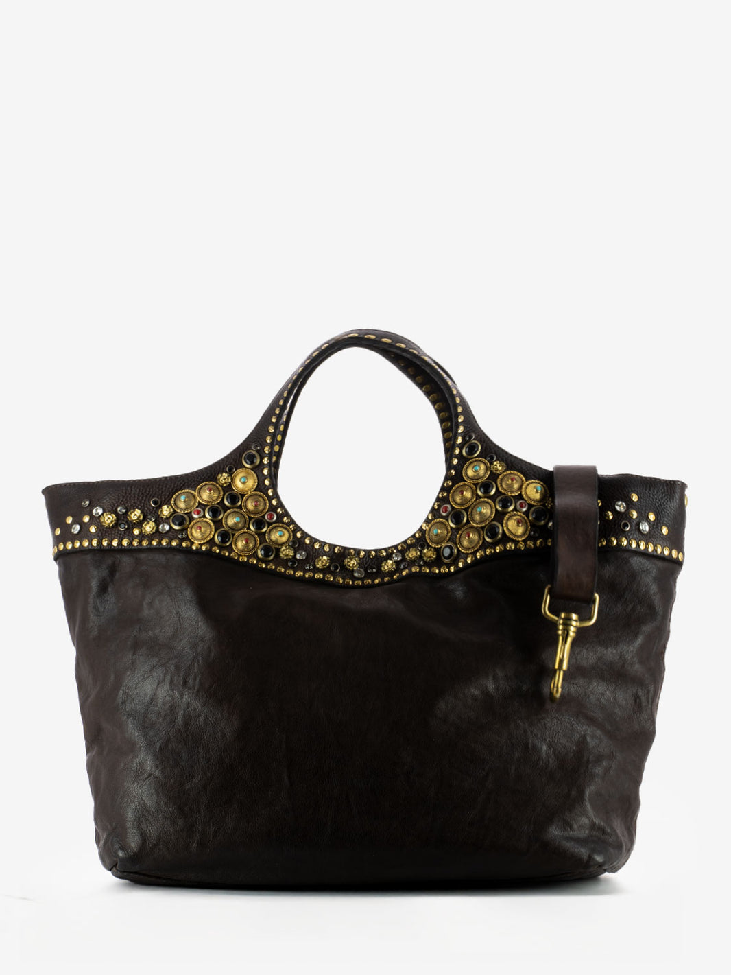 Brown leather shopper with colored studs