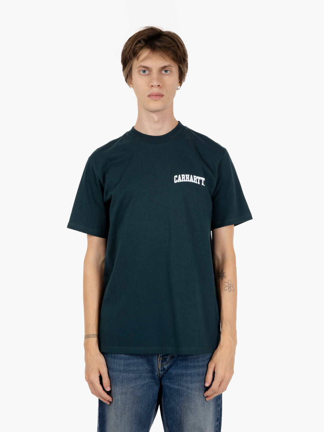 S/S University script t-shirt deep lagoon / white