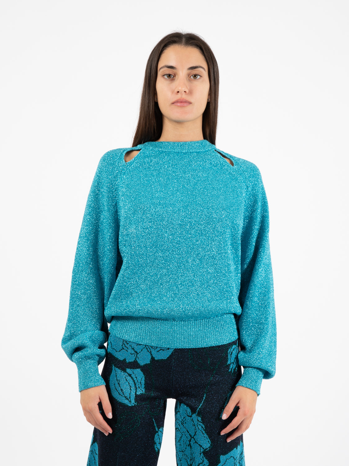 Lurex dolphin crew neck cut-out sweater