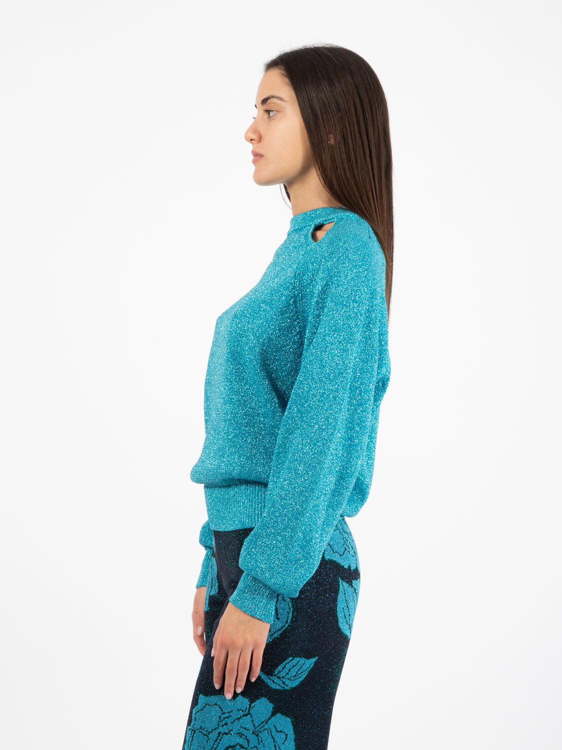 Lurex dolphin crew neck cut-out sweater