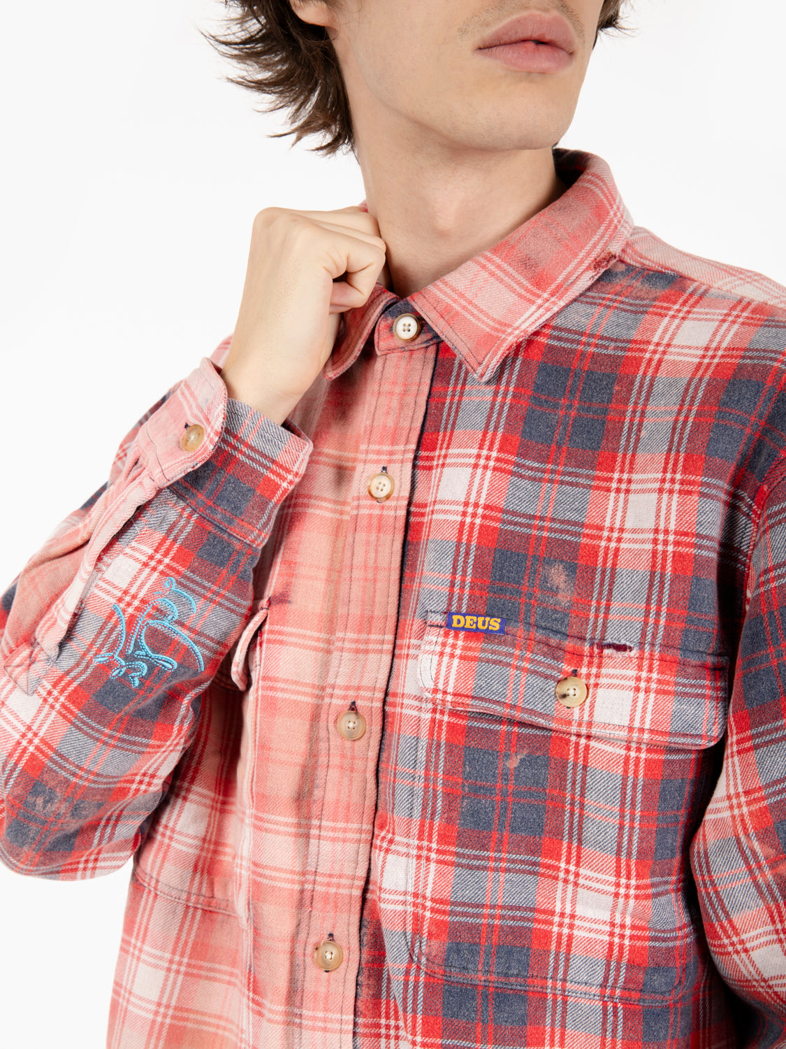 Shirt with double red checkered pattern