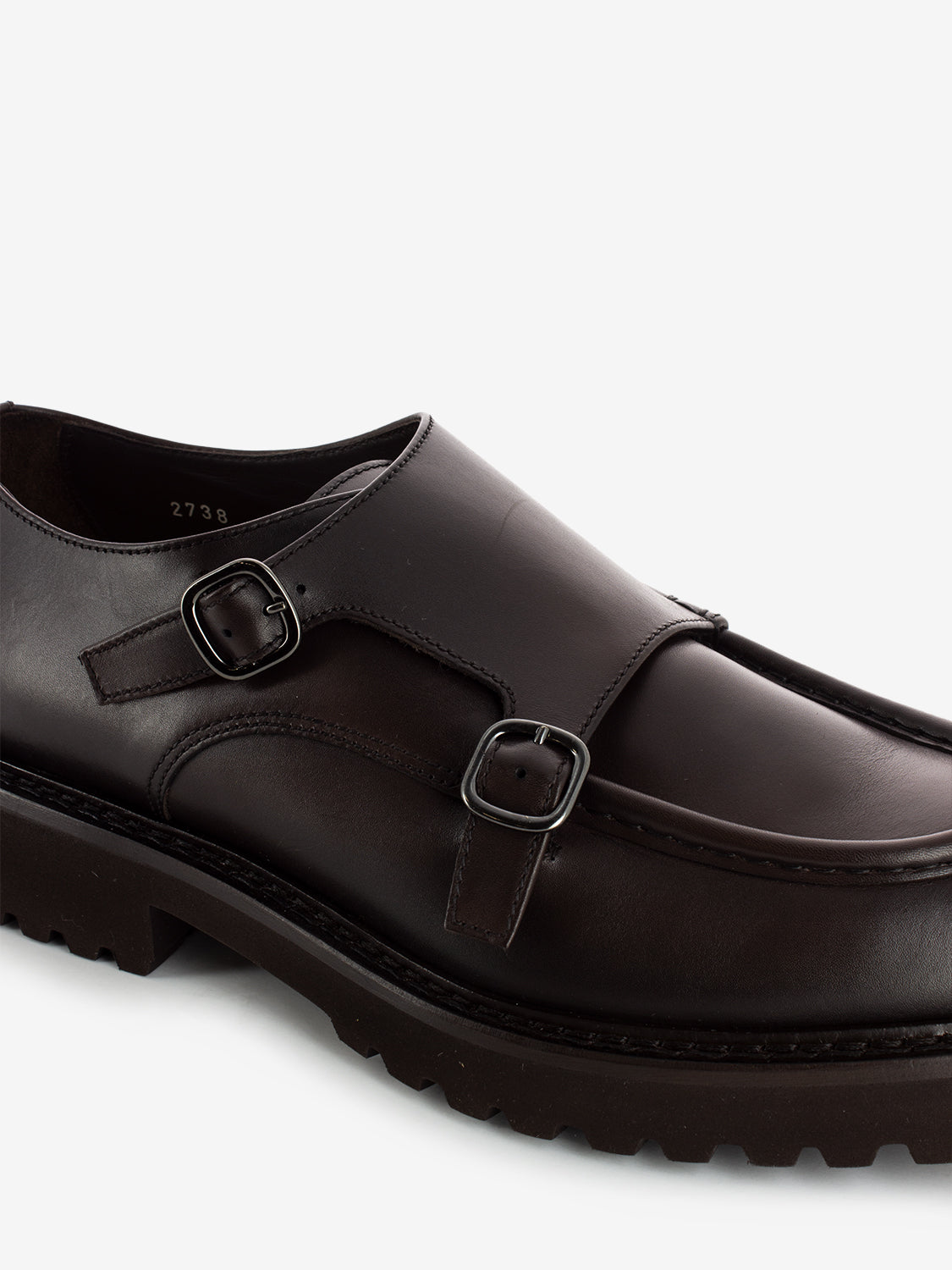 Double buckle moccasins with dark brown trim