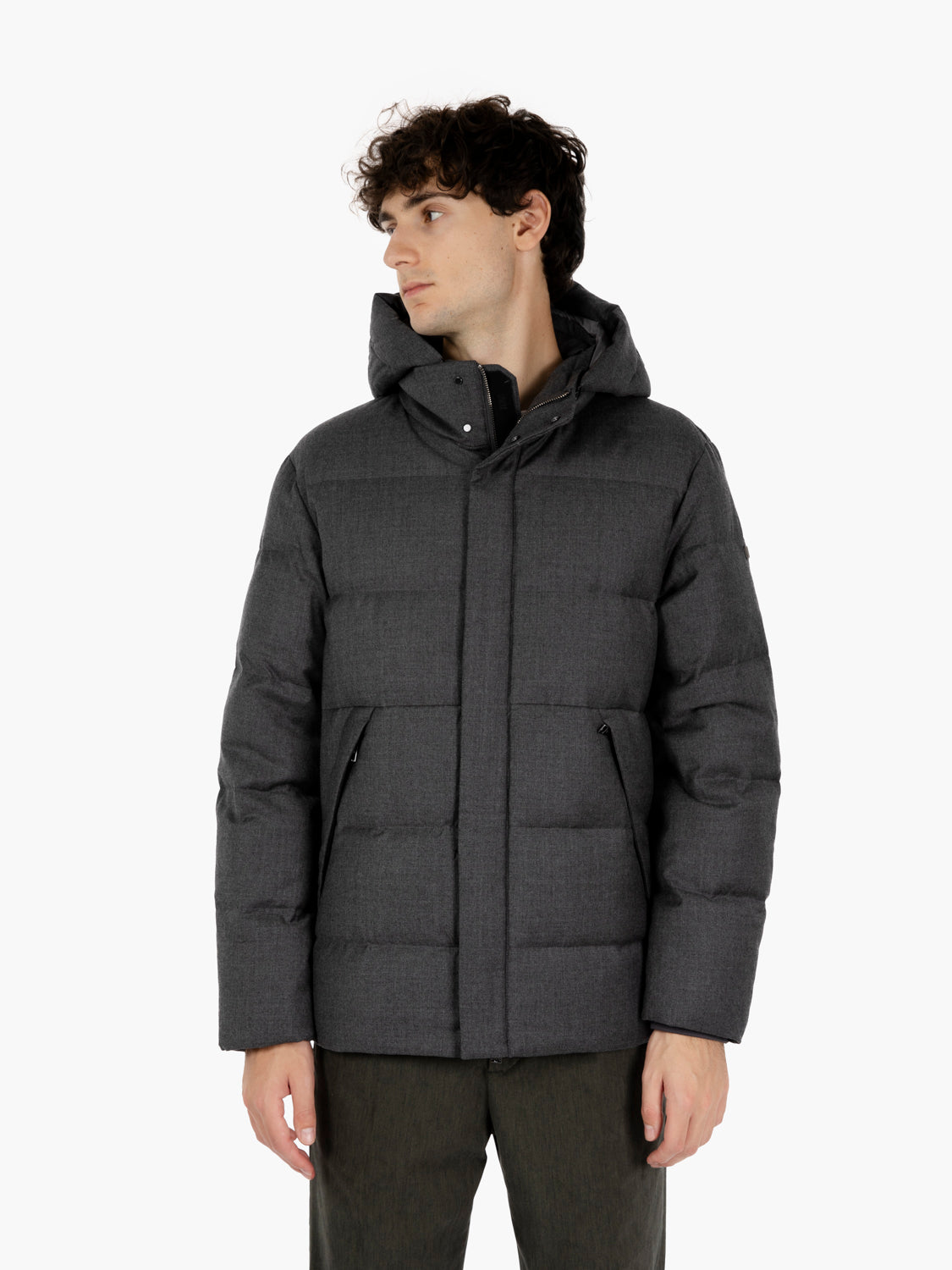 Grey quilted jacket with hood
