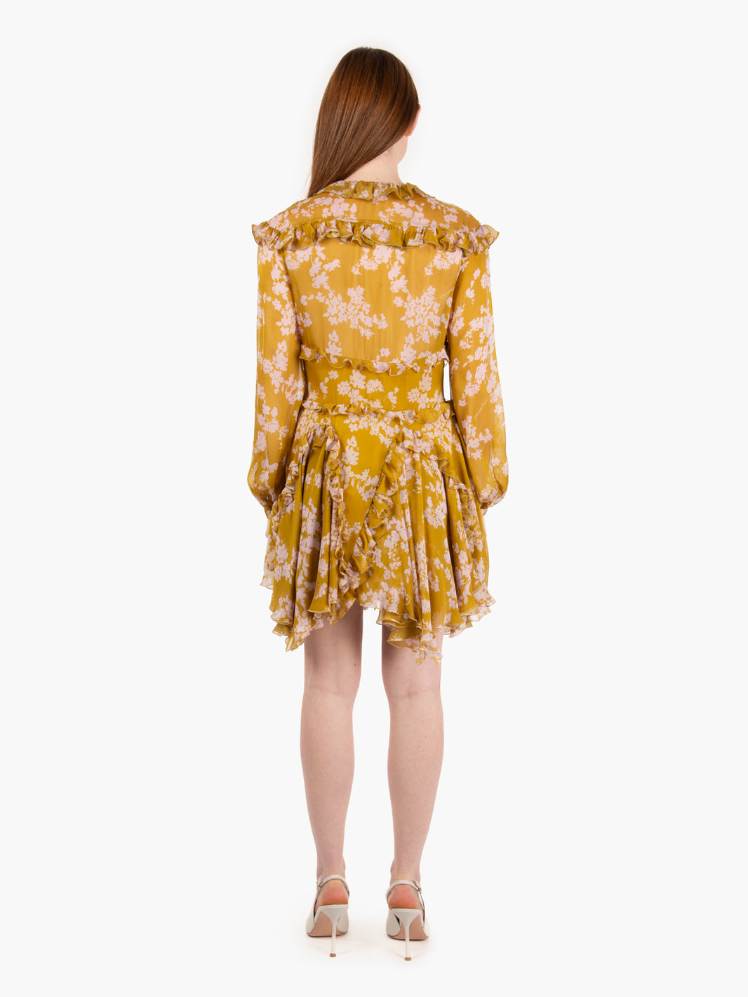 Printed silk voile dress with ruffles curry / quartz