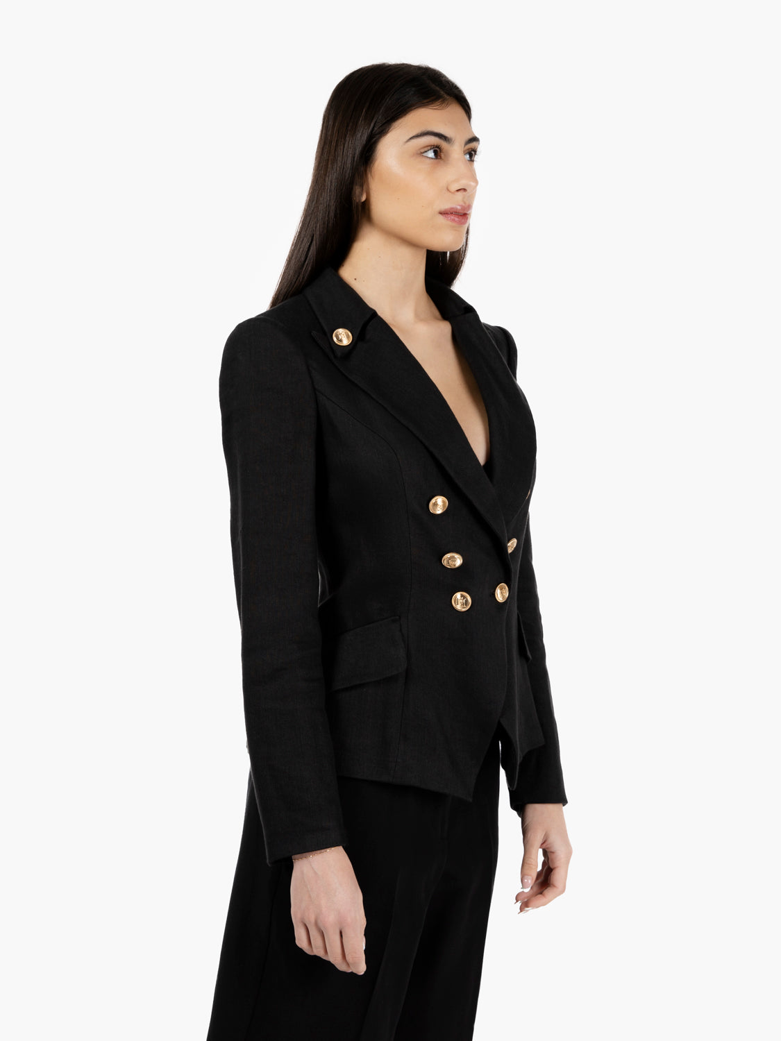 Blazer in lino con bottoni logo oro / nero