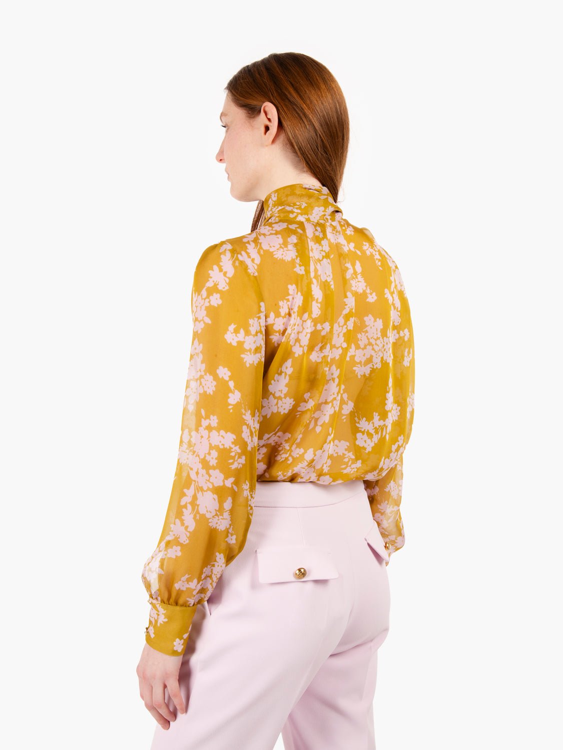 Blusa stampata in voile di seta curry / quarzo