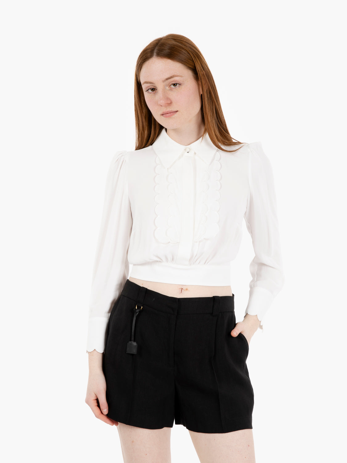 Viscose shirt with ivory embroidered scallops