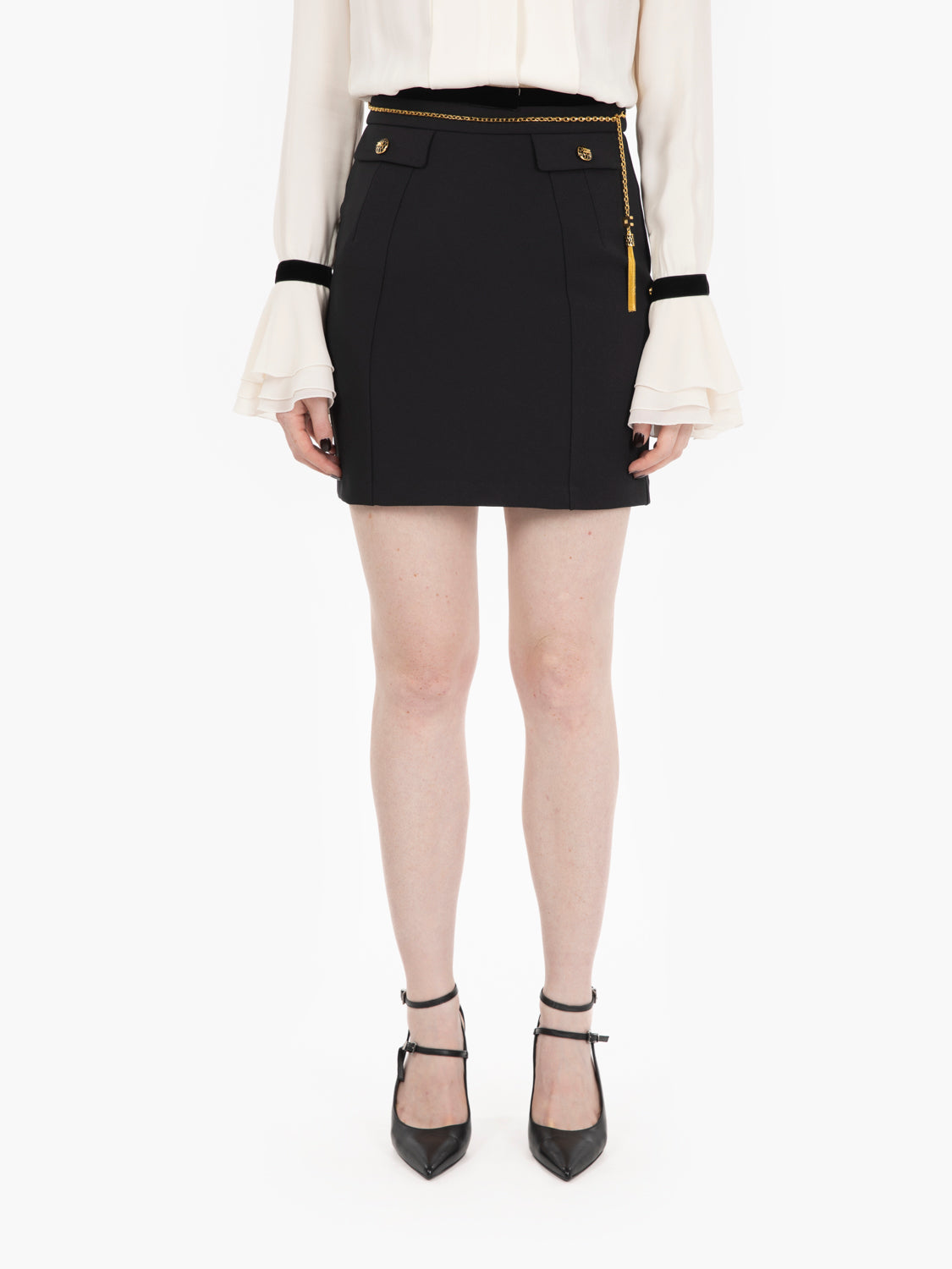 Double crepe skirt with black jewel chain