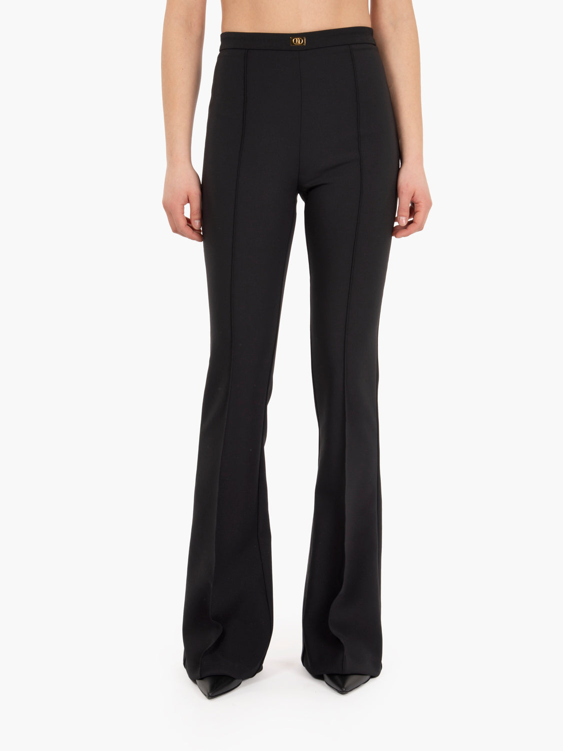 Crêpe flared trousers with black logo plaque