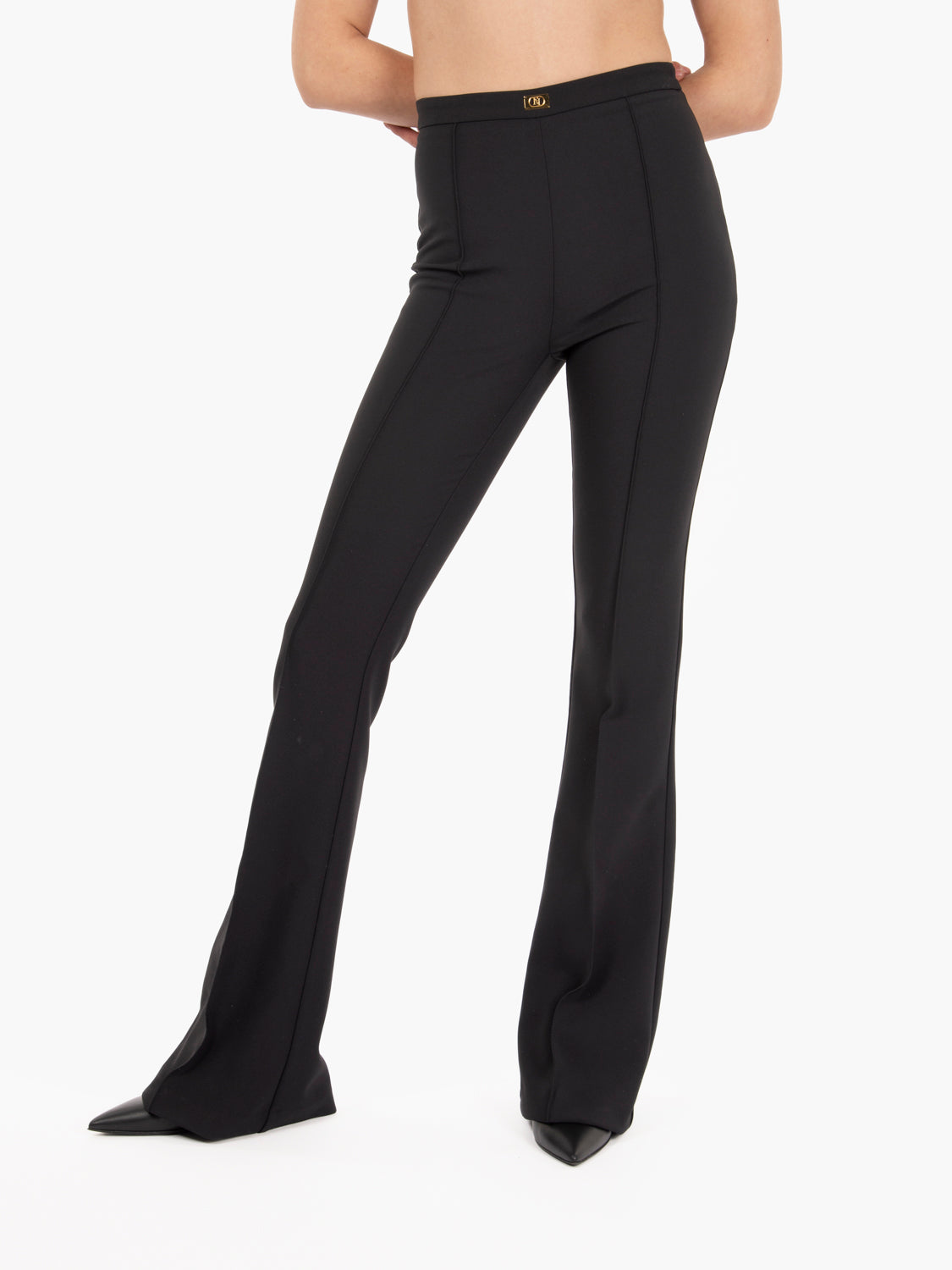 Crêpe flared trousers with black logo plaque
