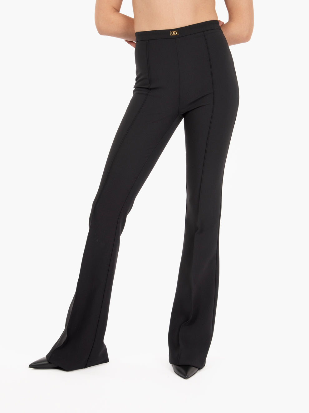 Crêpe flared trousers with black logo plaque