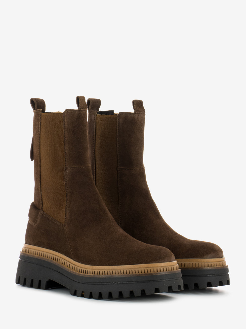 Suede ankle boot with elastic bands in walnut