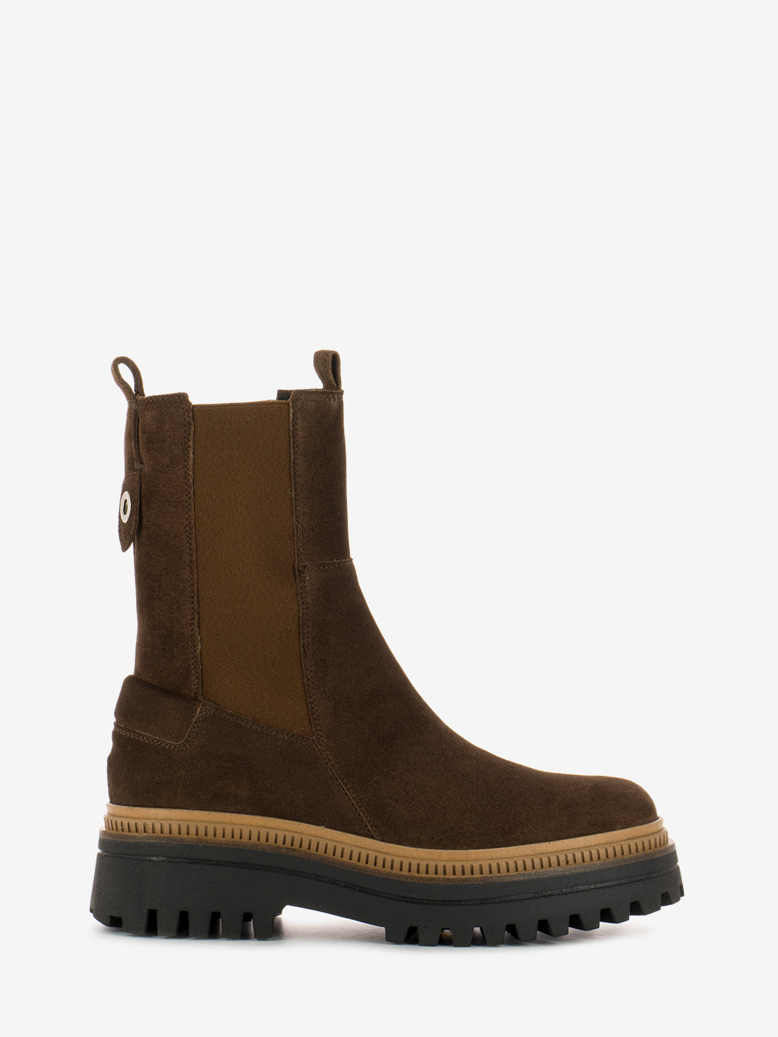 Suede ankle boot with elastic bands in walnut