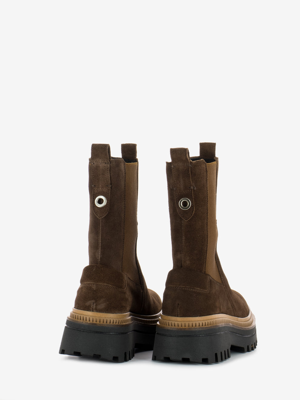 Suede ankle boot with elastic bands in walnut