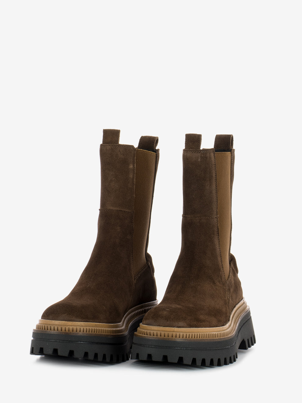 Suede ankle boot with elastic bands in walnut