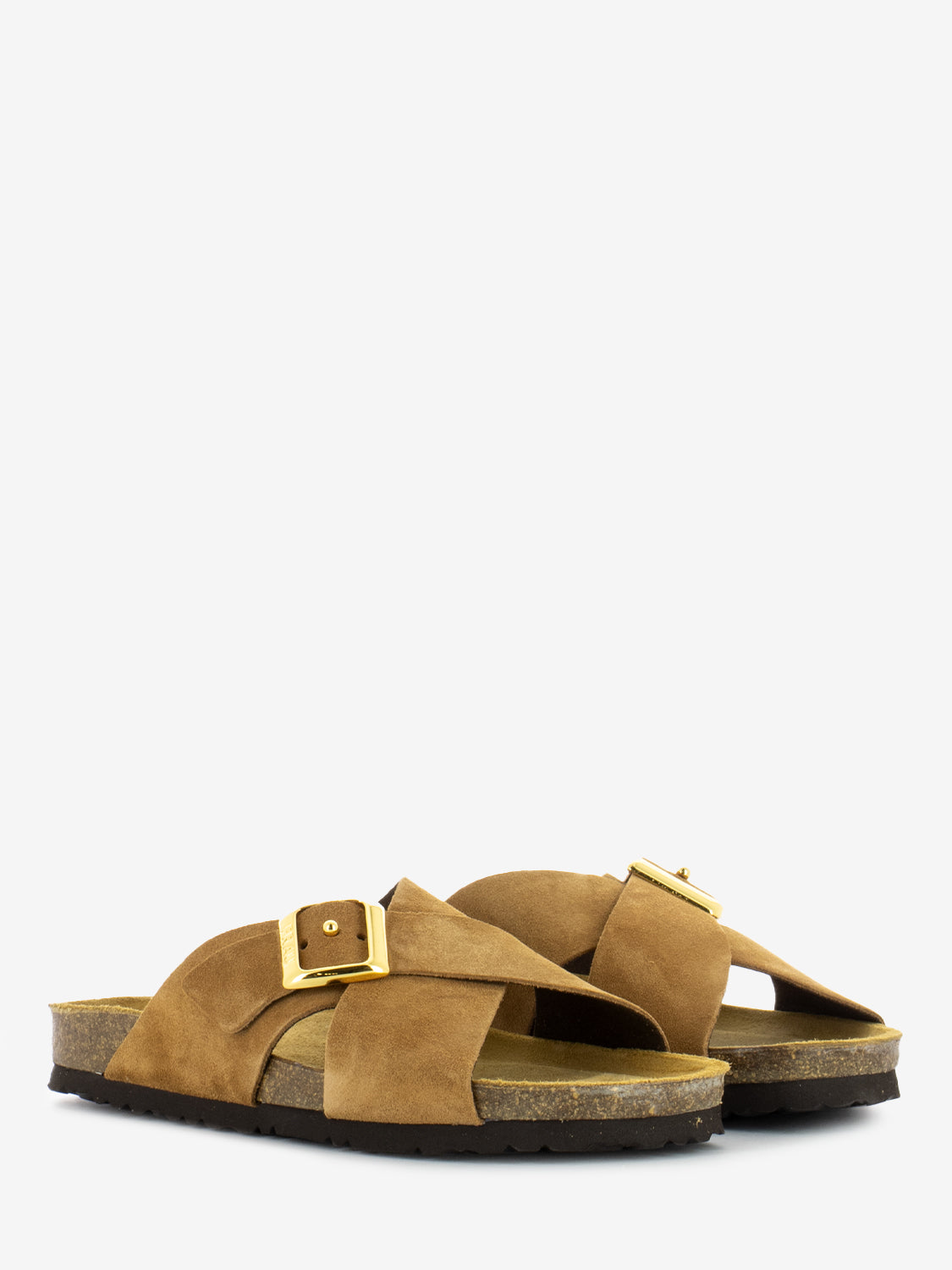Slippers with crossed straps and maxi buckle earth