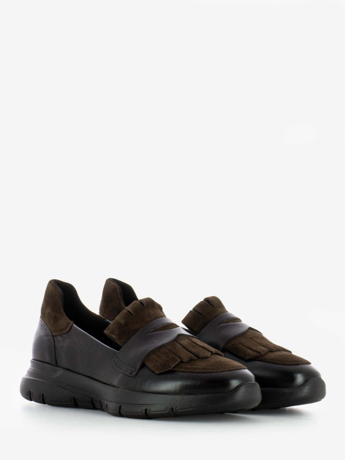 Moccasins with dark brown fringe