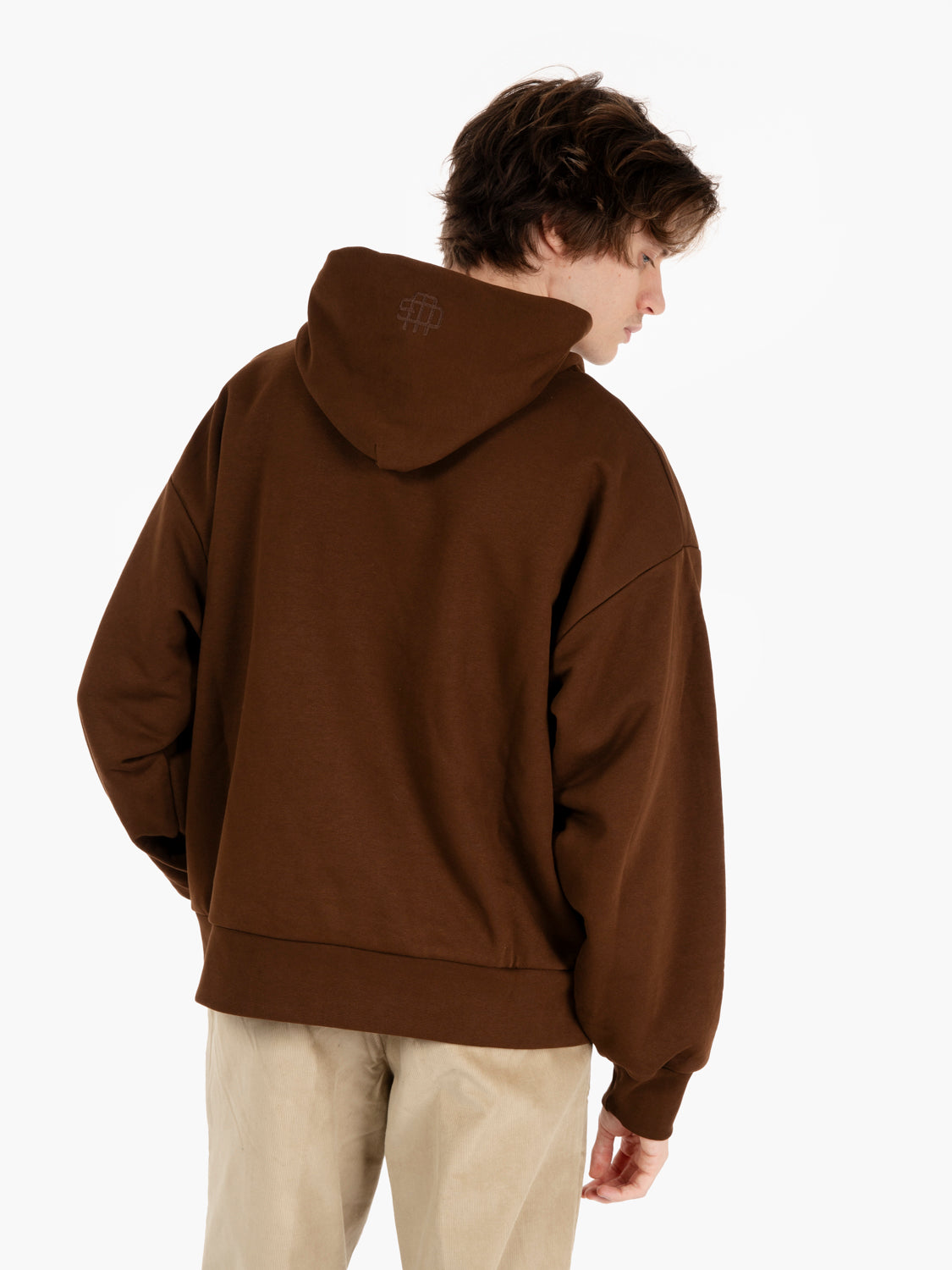 Double layer hoodie with double embroidery mocha brown