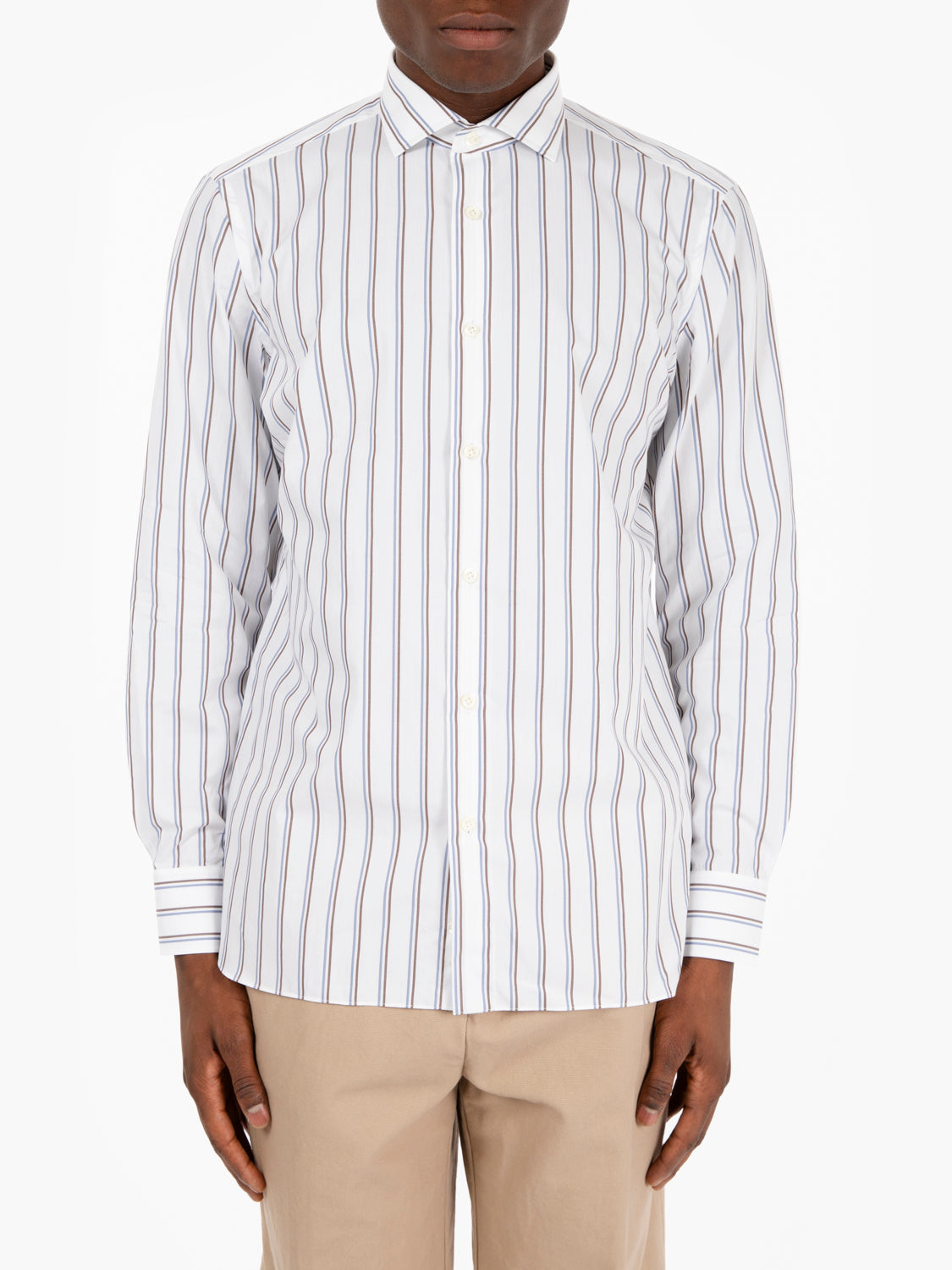 Camicia a righe azzurre / marroni con fondo bianco