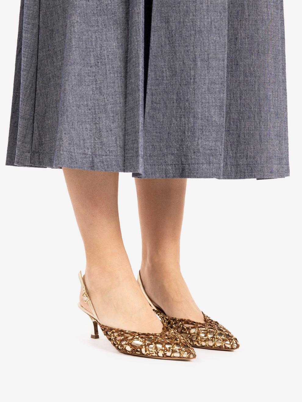 Slingback in pelle intrecciata moro / platino