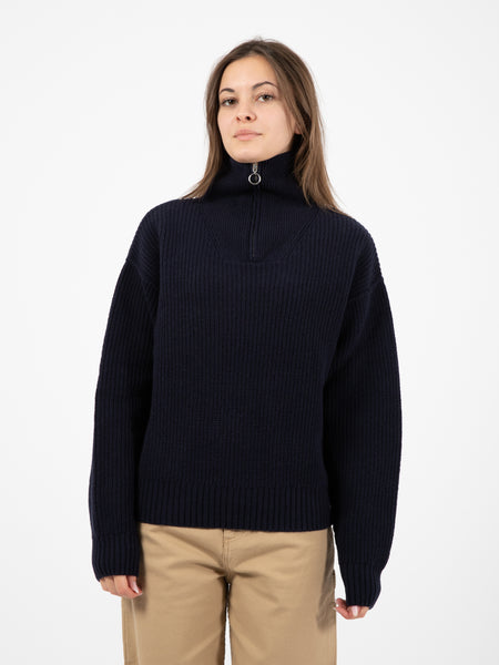 Knitted high zipped collar sweater navy