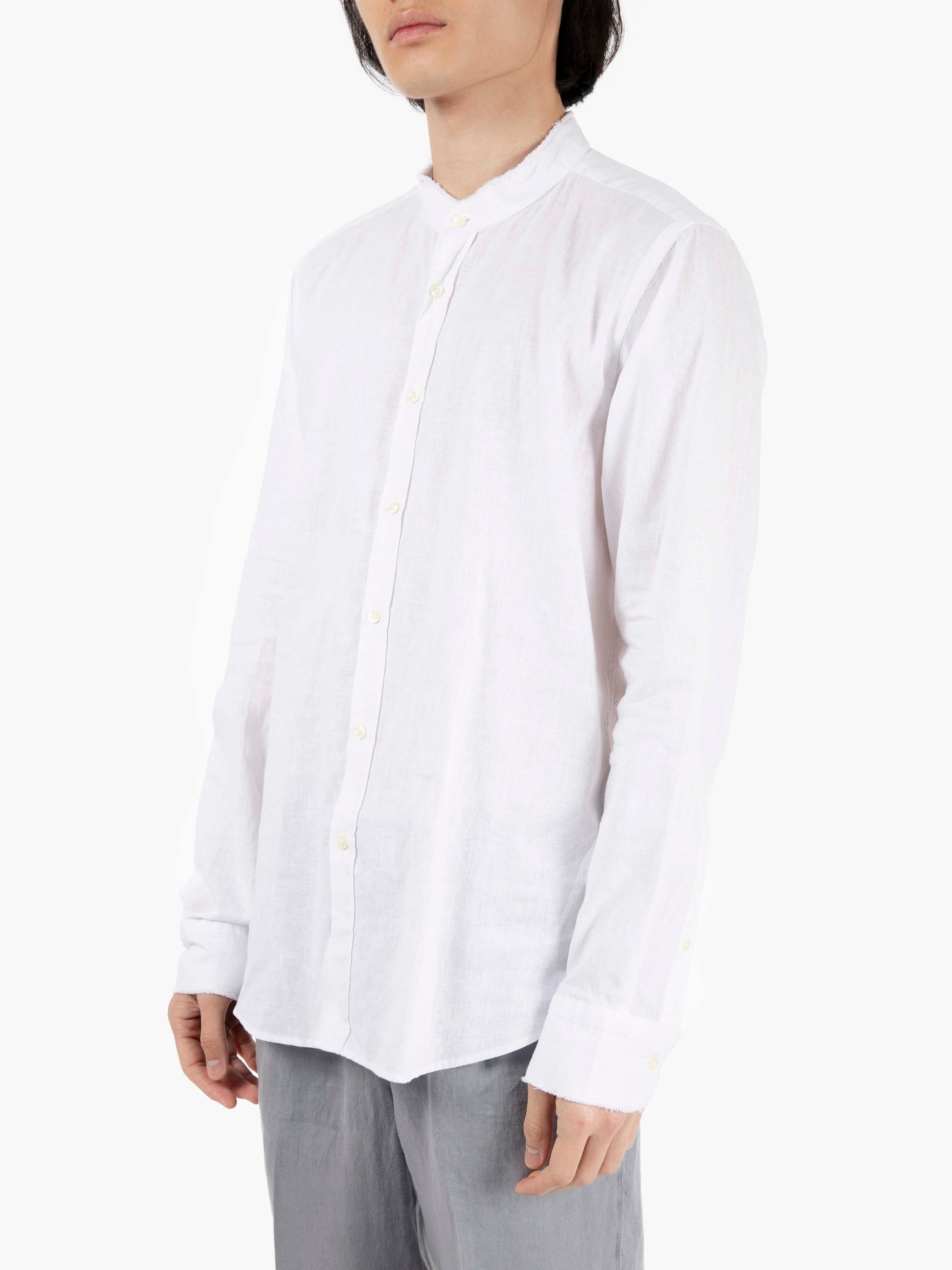 Camicia in cotone e lino sfrangiata bianco