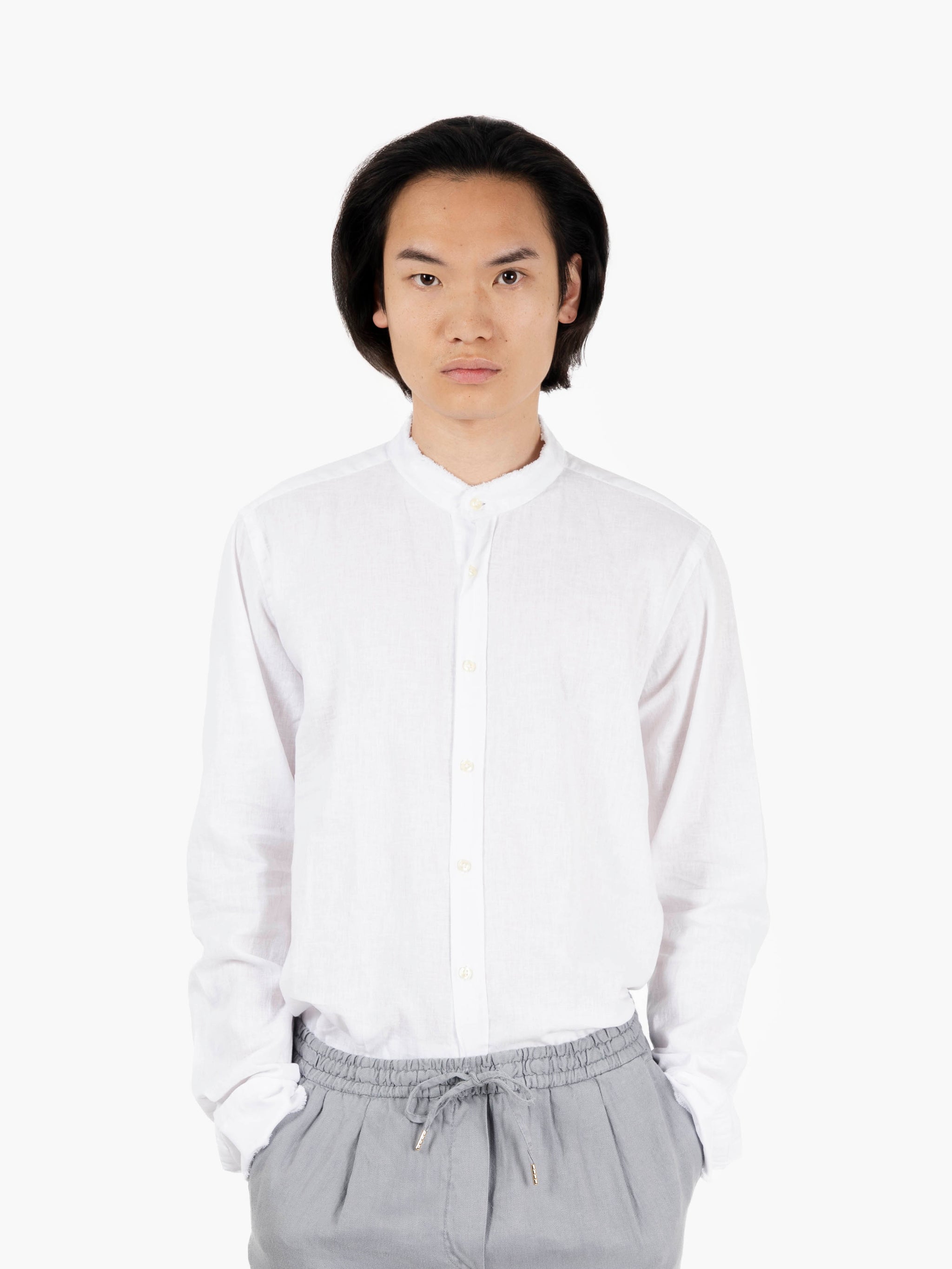 Camicia in cotone e lino sfrangiata bianco