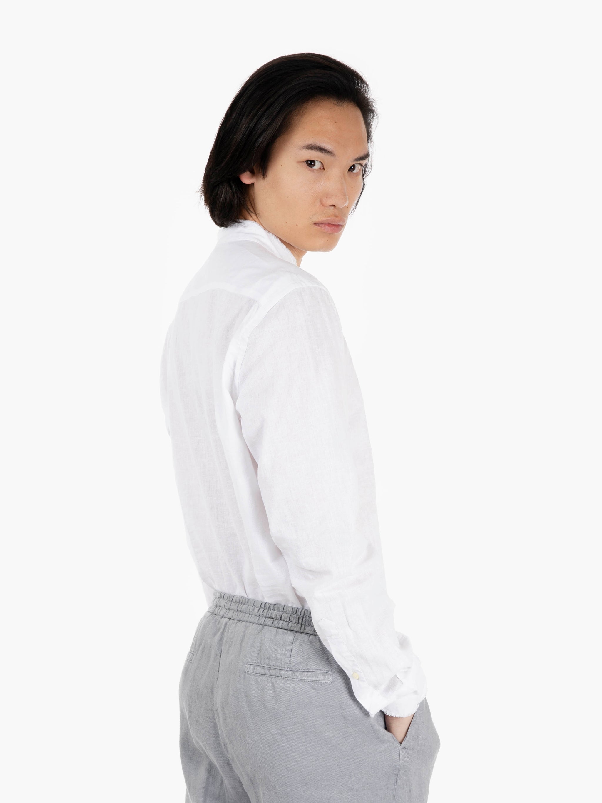 Camicia in cotone e lino sfrangiata bianco