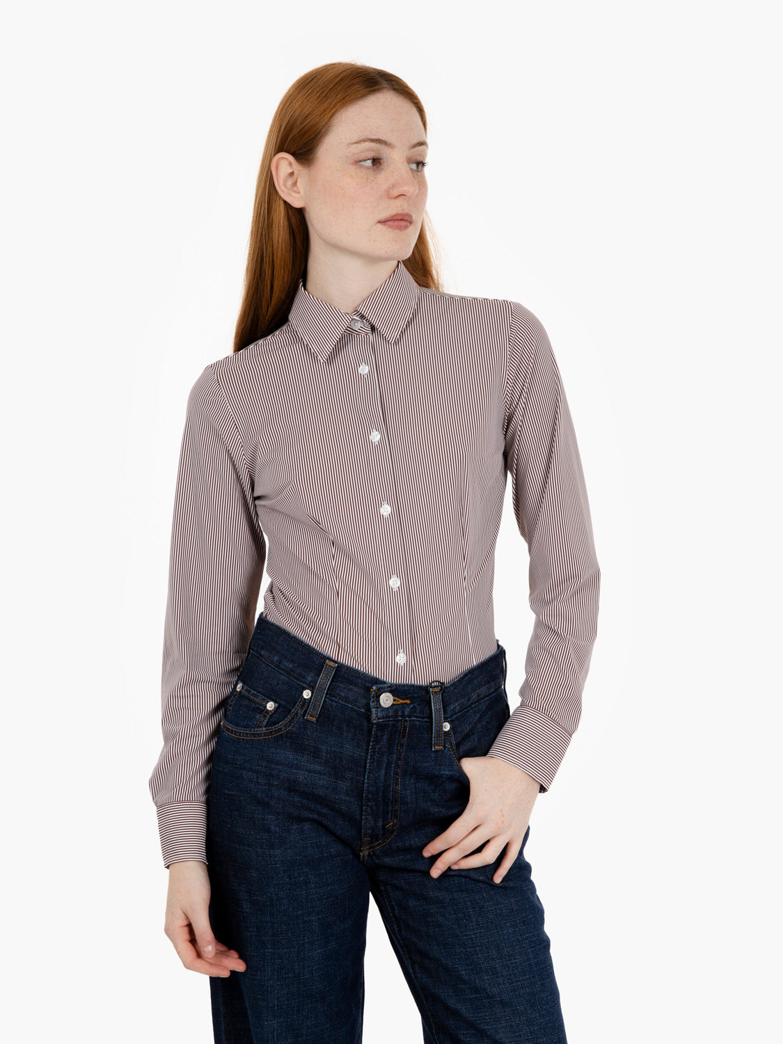 Marilyn stretch shirt with white/dark brown stripes