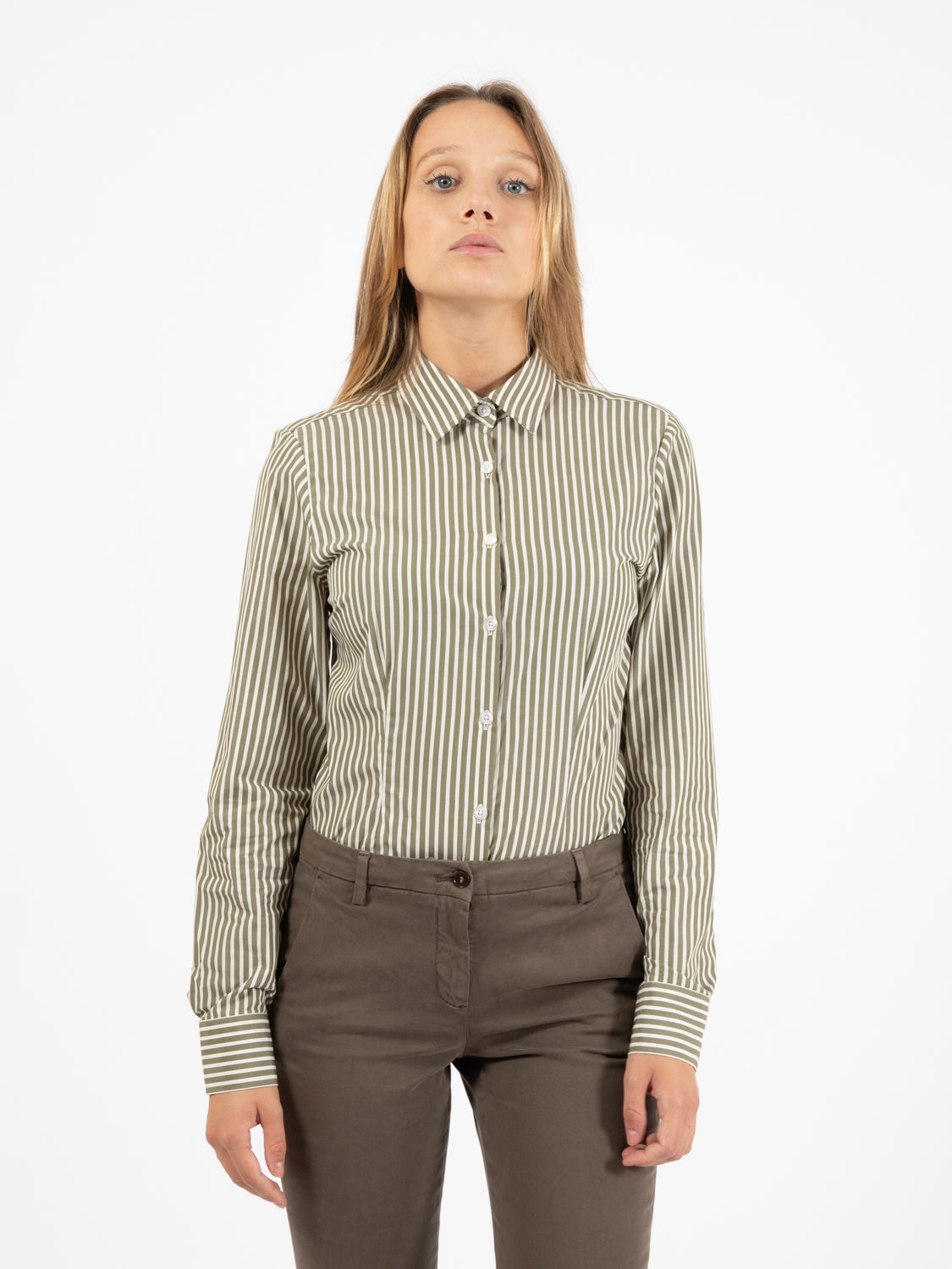 Camicia a righe in cotone verde / bianco
