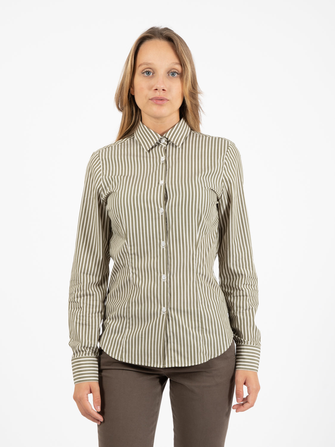 Camicia a righe in cotone verde / bianco