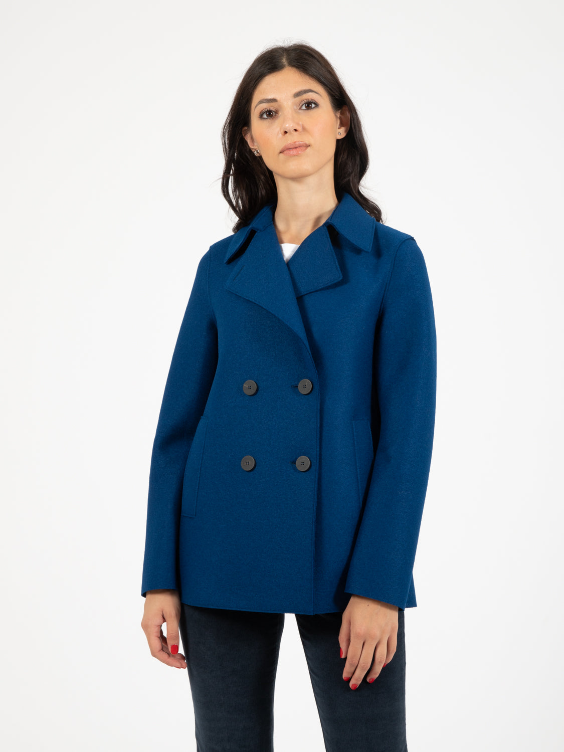 Pressed wool oxford blue peacoat coat
