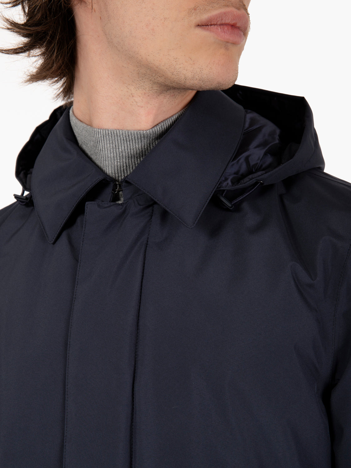 Long jacket with navy hood