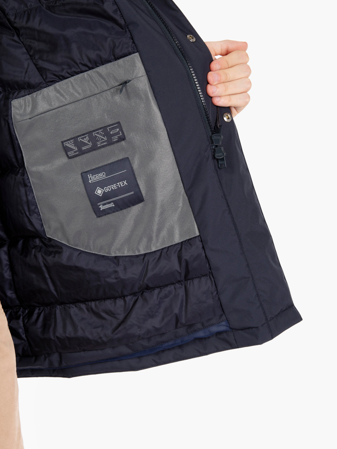 Long jacket with navy hood