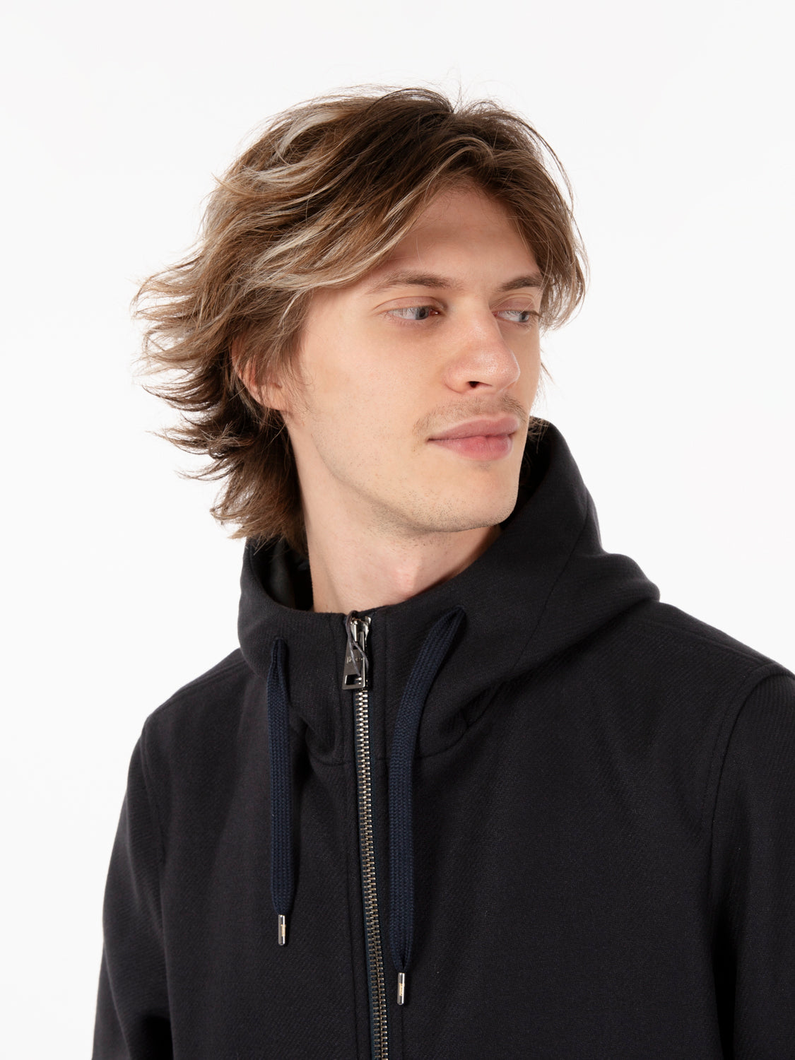 Long parka with blue hood