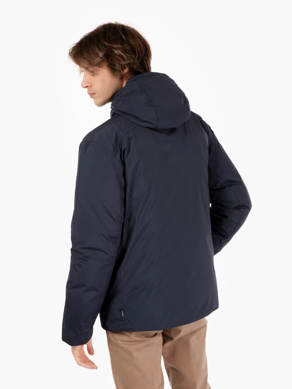 Blue hooded down jacket