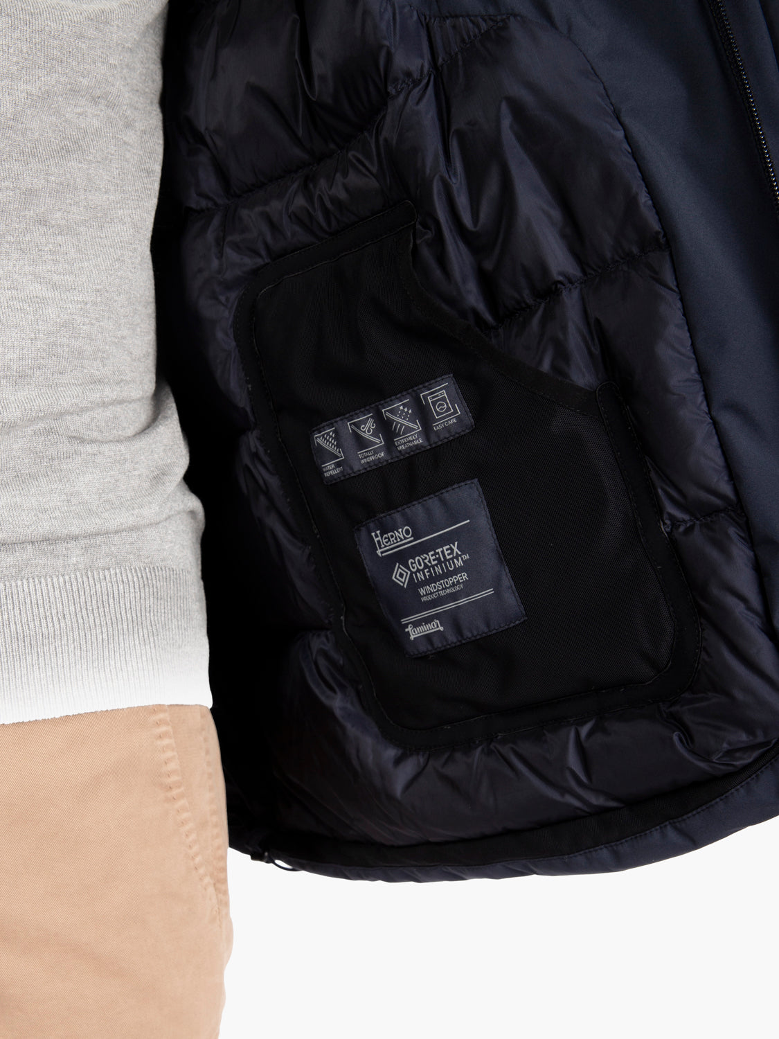 Blue hooded down jacket