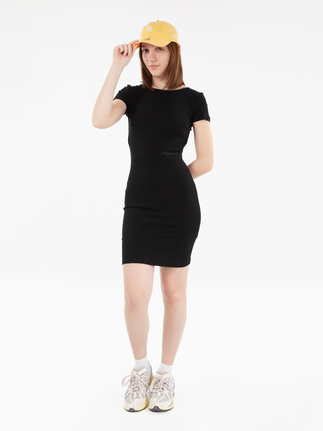 Black porthole opening ribbed dress
