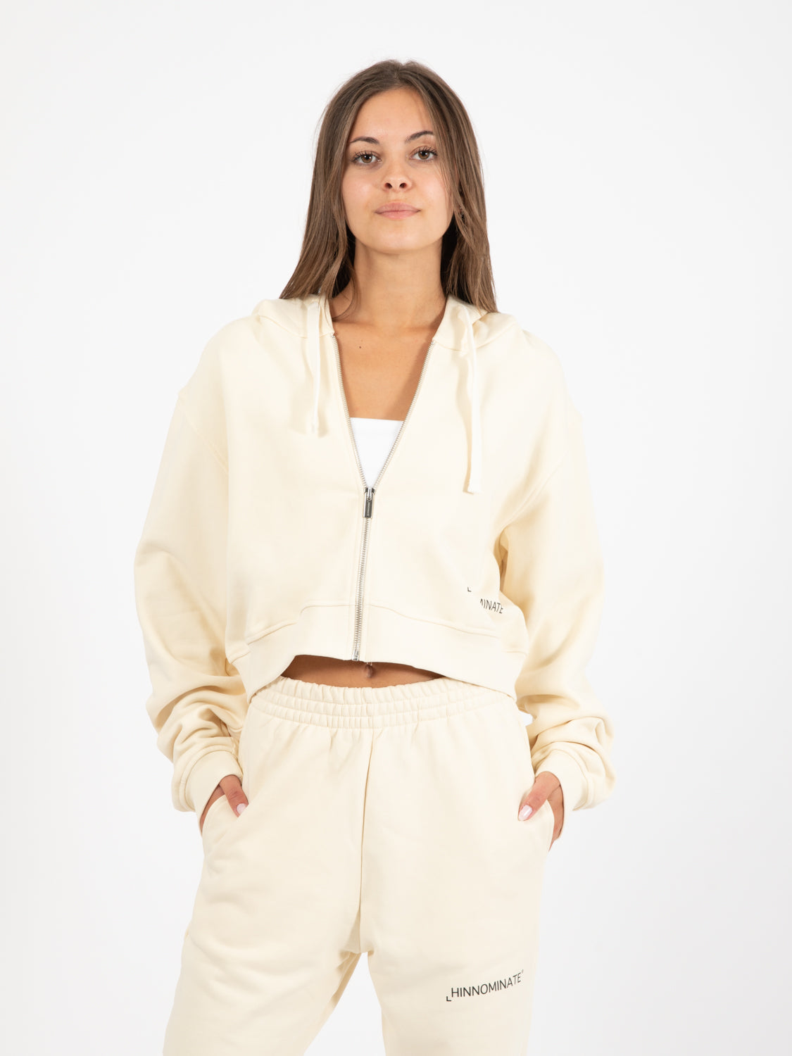 Felpa corta zip con cappuccio bianco burro