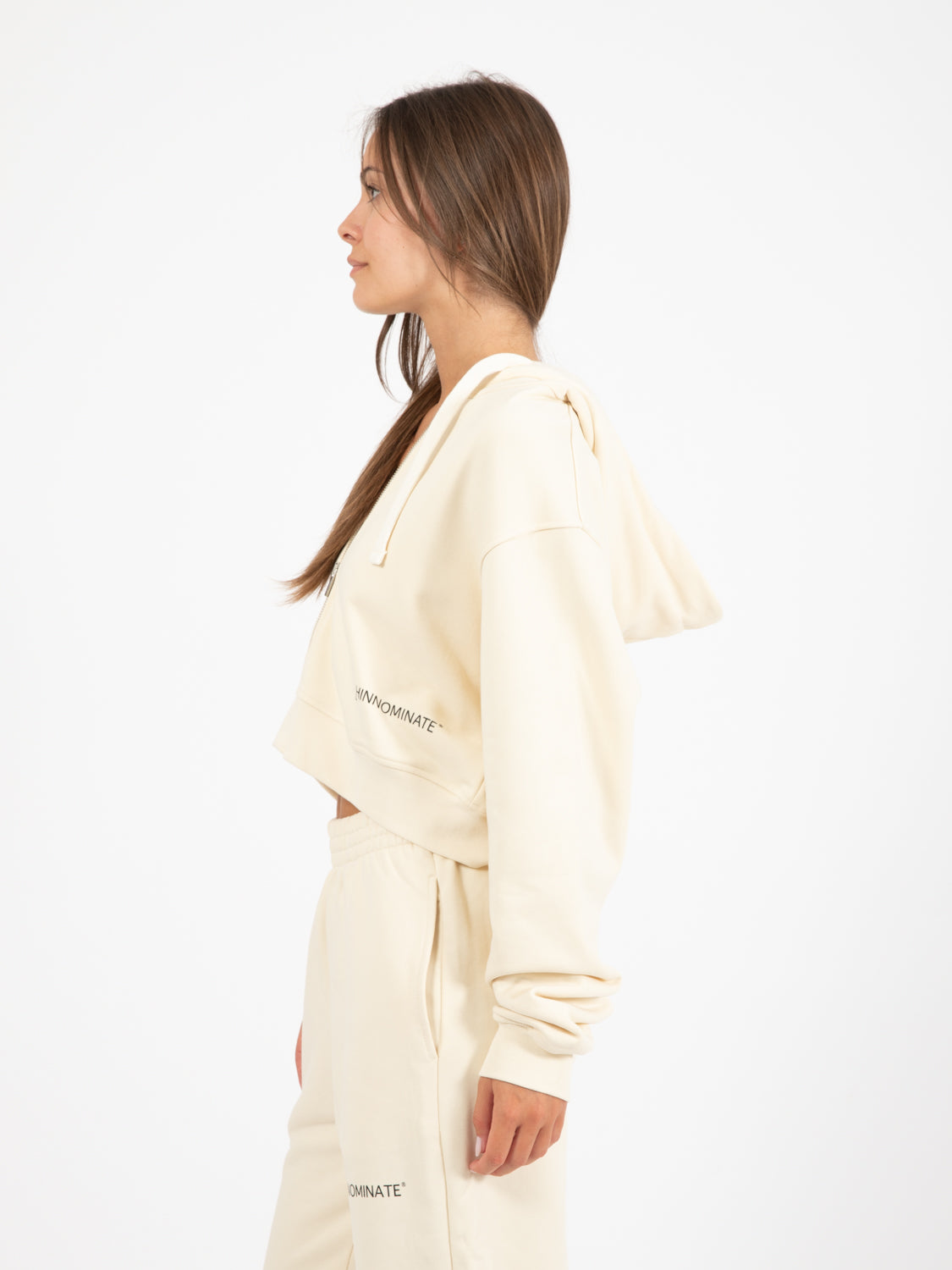 Felpa corta zip con cappuccio bianco burro