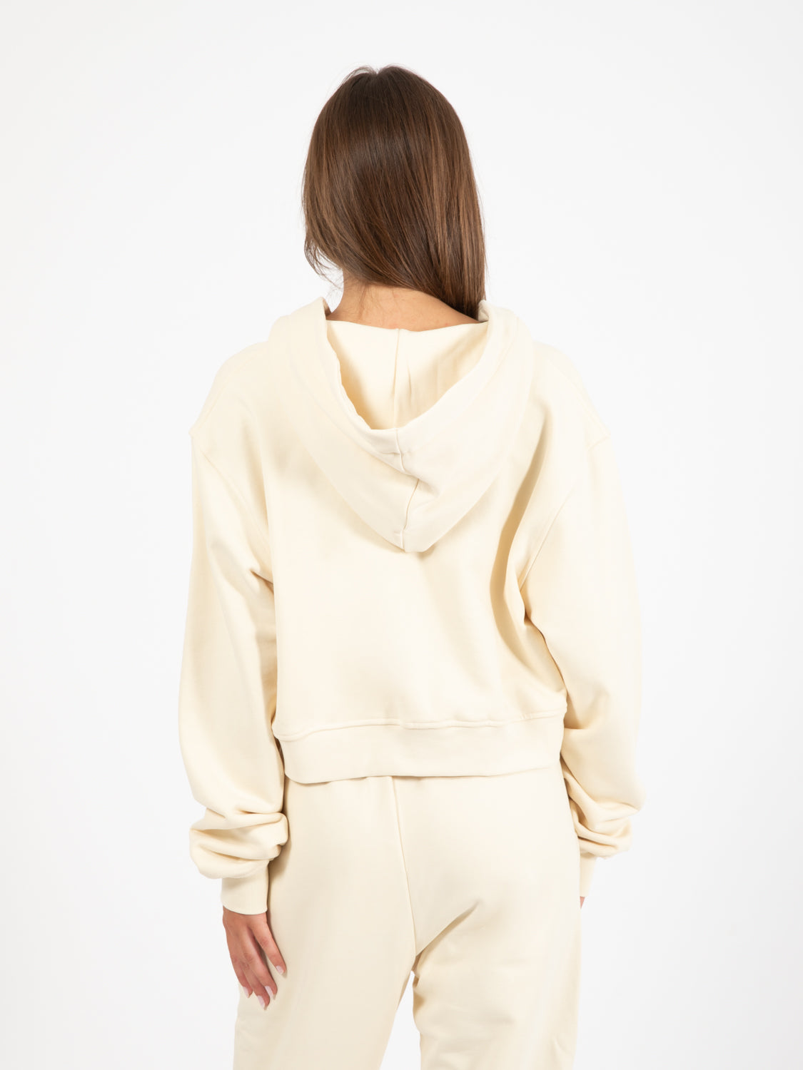 Felpa corta zip con cappuccio bianco burro