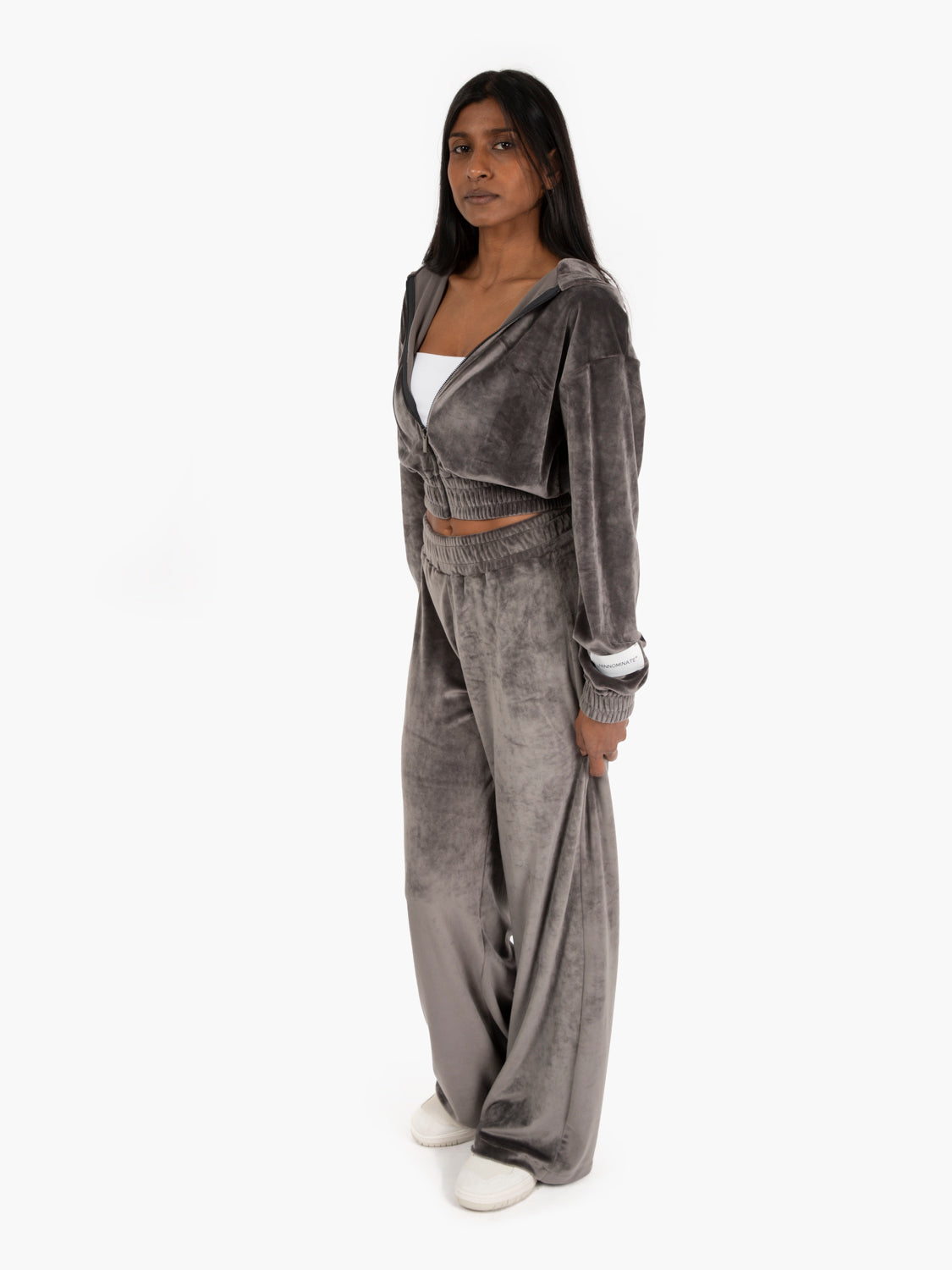 Pantaloni wide in ciniglia con logo grigio