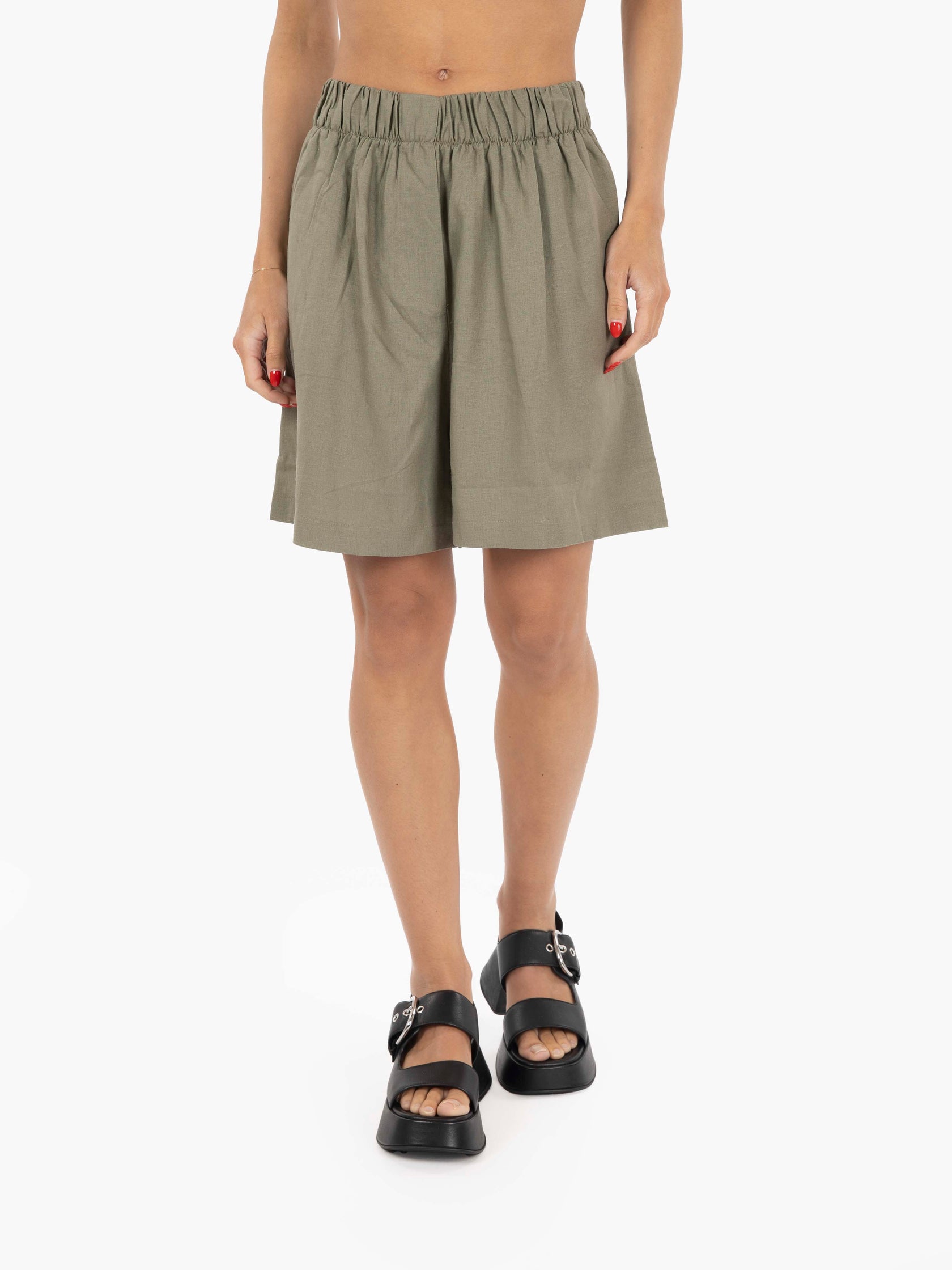 Linen shorts with elastic waist moss
