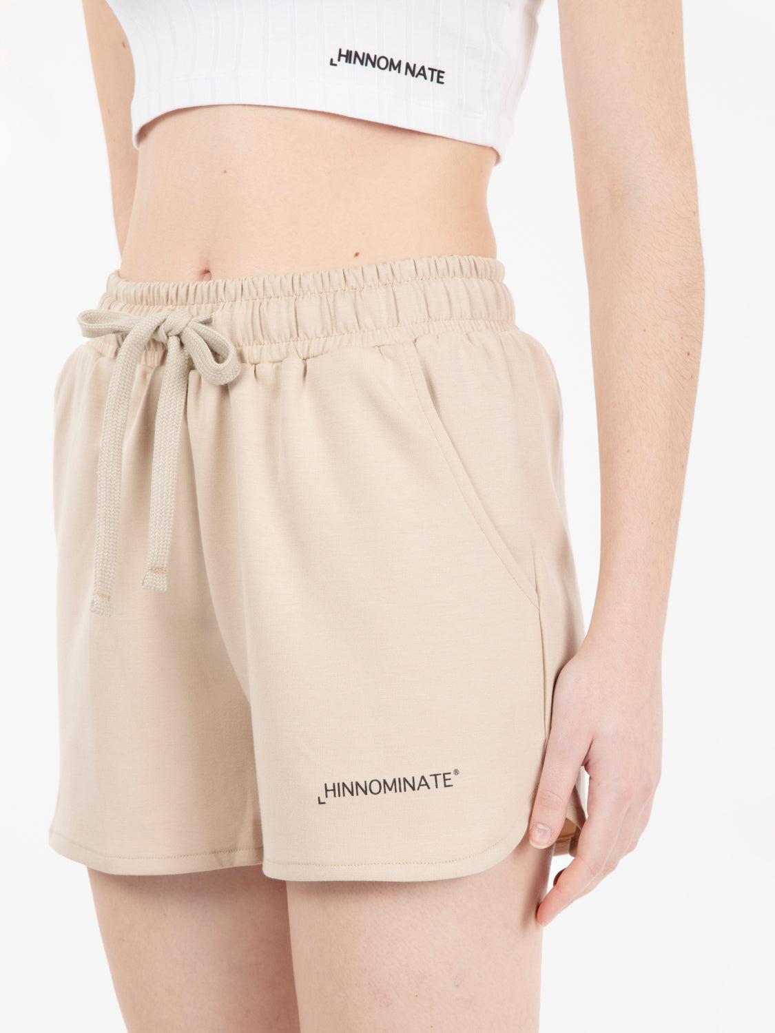 Sand beige lettering logo shorts