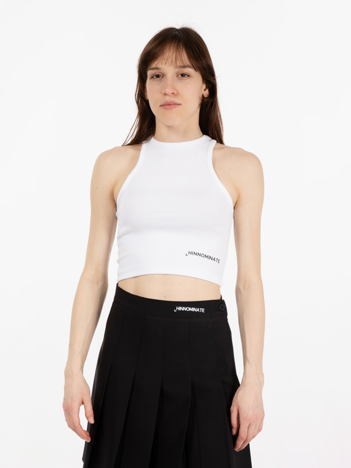 Top a coste collo americano bianco