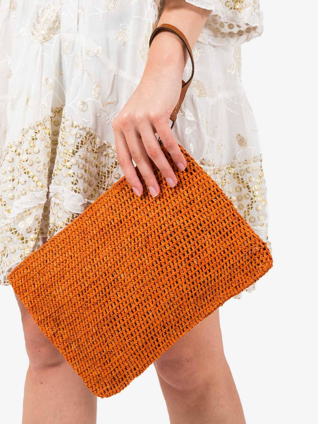 Ampy clutch bag in orange raffia