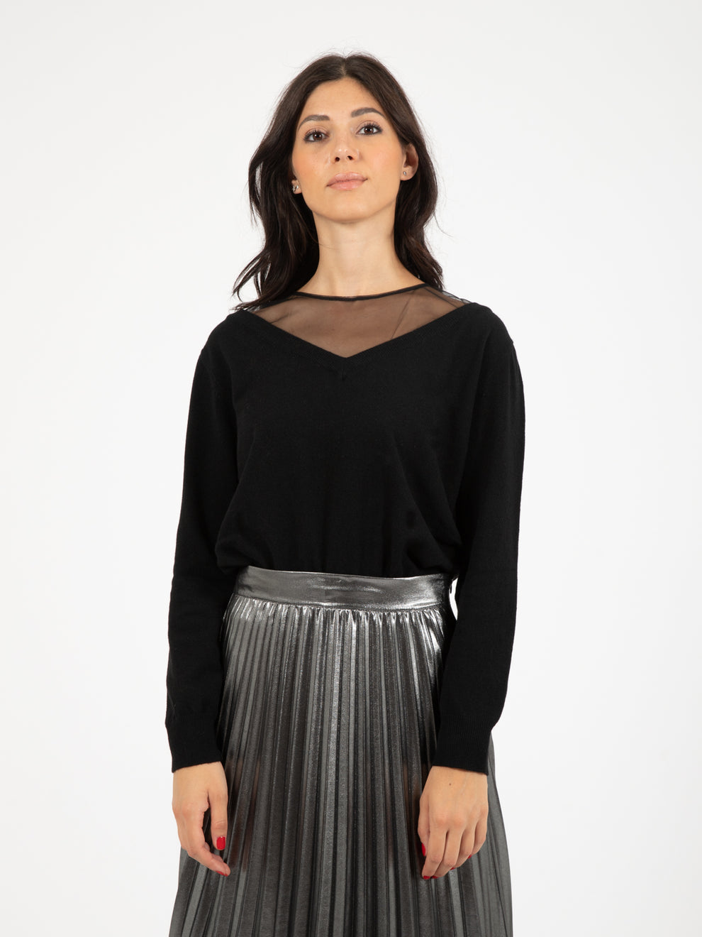 Sweater with black tulle inserts