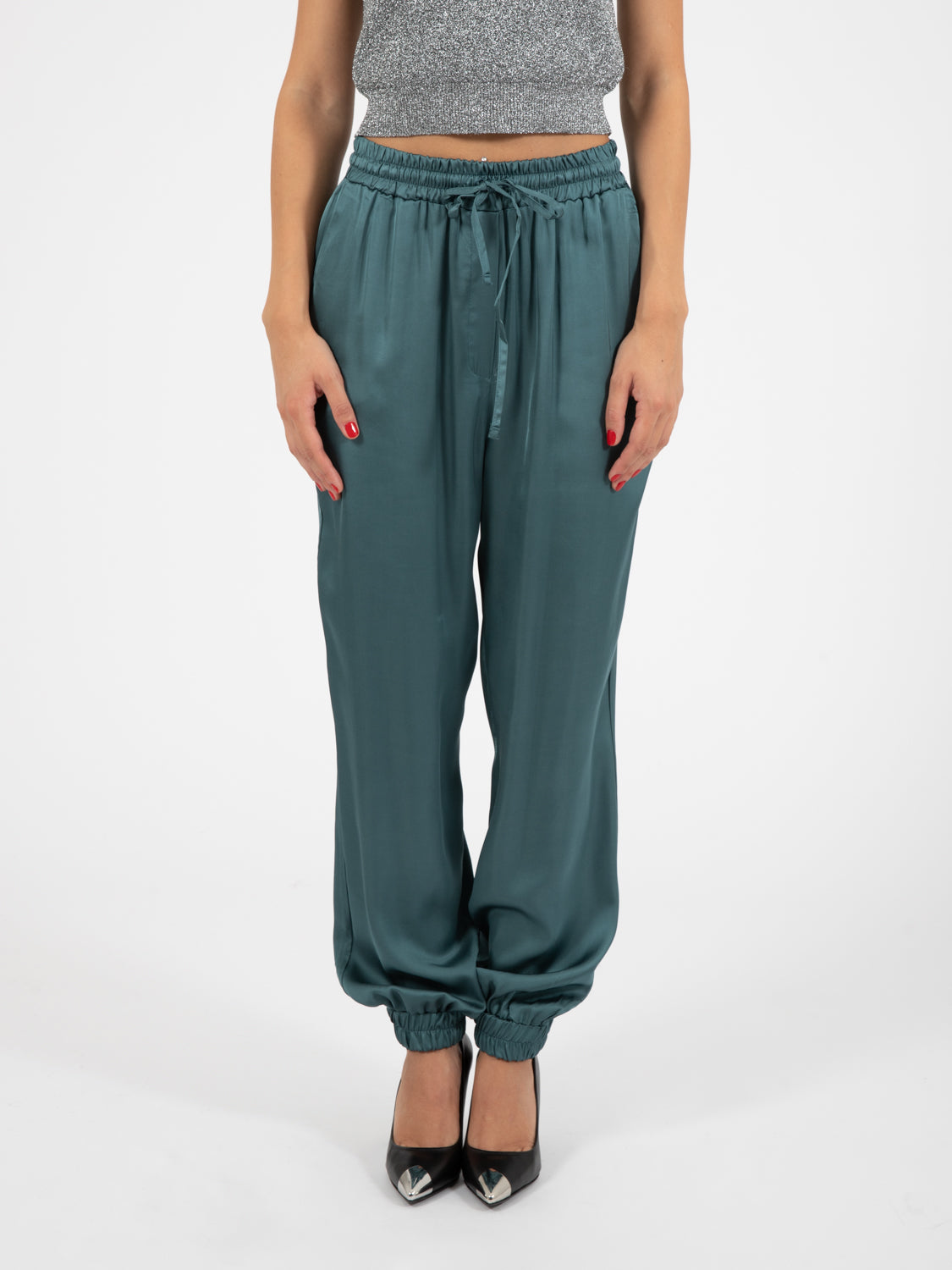 Teal satin trousers